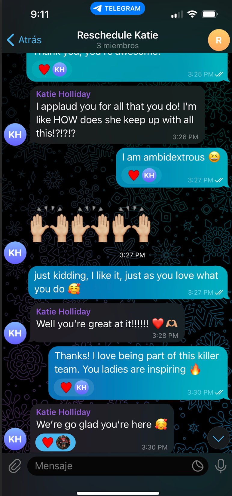 Katie Holliday applauding Alejandra